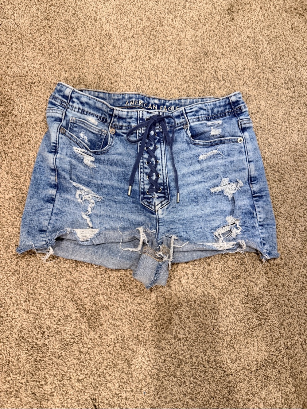 American Eagle Outfitters Light Blue Distressed Lace-Up Denim Shorts